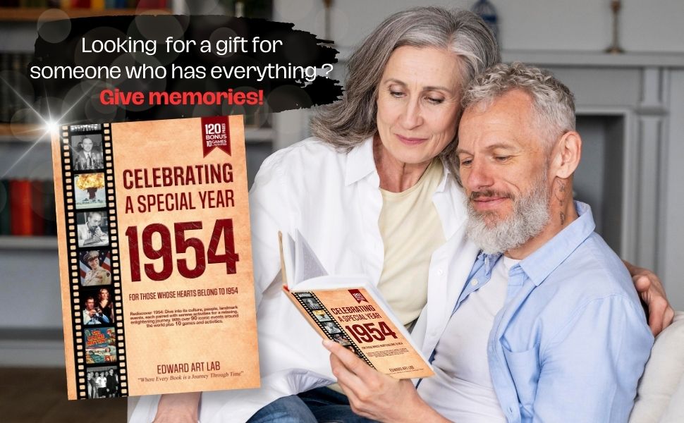 An elderly couple joyfully reading a book together about the historical events from the year they were born.