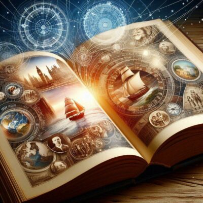 An open book with historical images or dates spanning across the pages, symbolizing a journey through time.